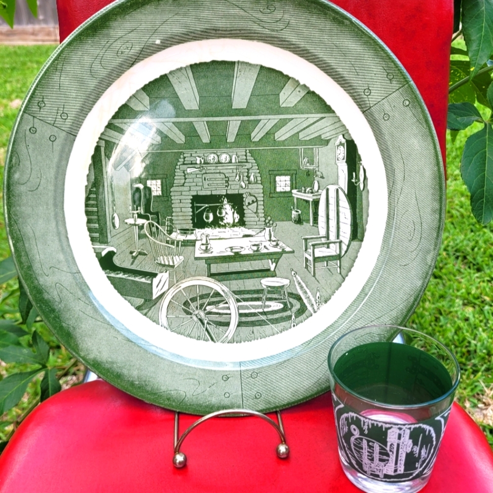 Antique Colonial Homestead by Royal serving platter and old fashioned glass